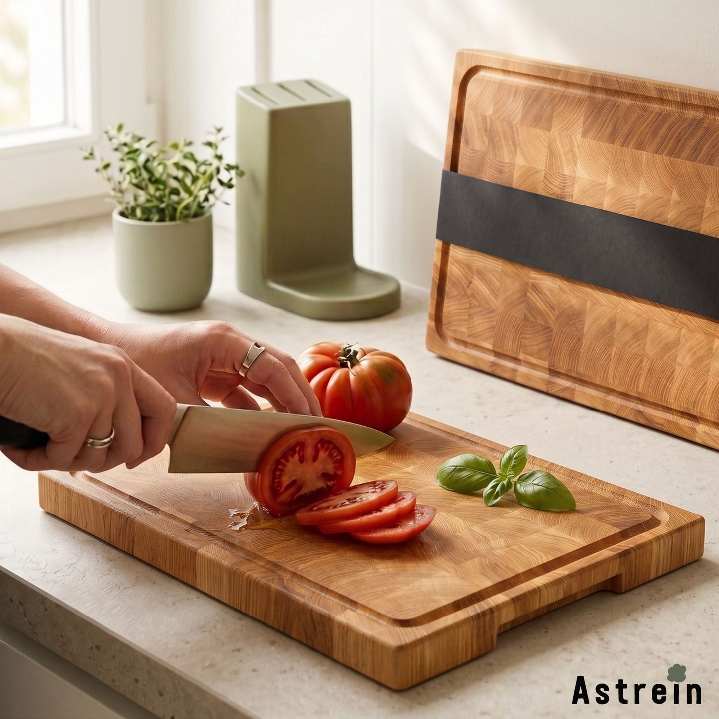 Astrein Stirnholz-Schneidebrett aus Eiche massiv, 40 x 30 x 3,6 cm