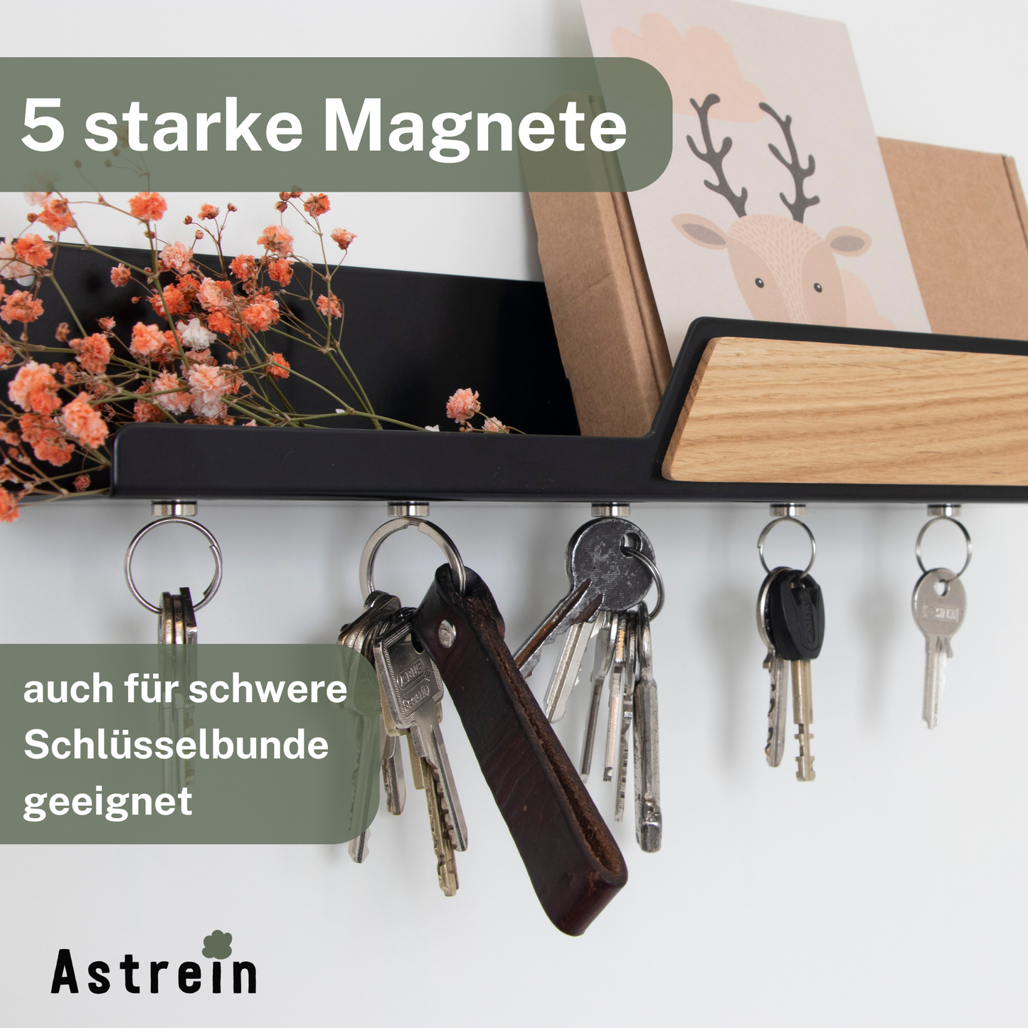 Magnetisches Schlüsselbrett mit Ablage aus Holz