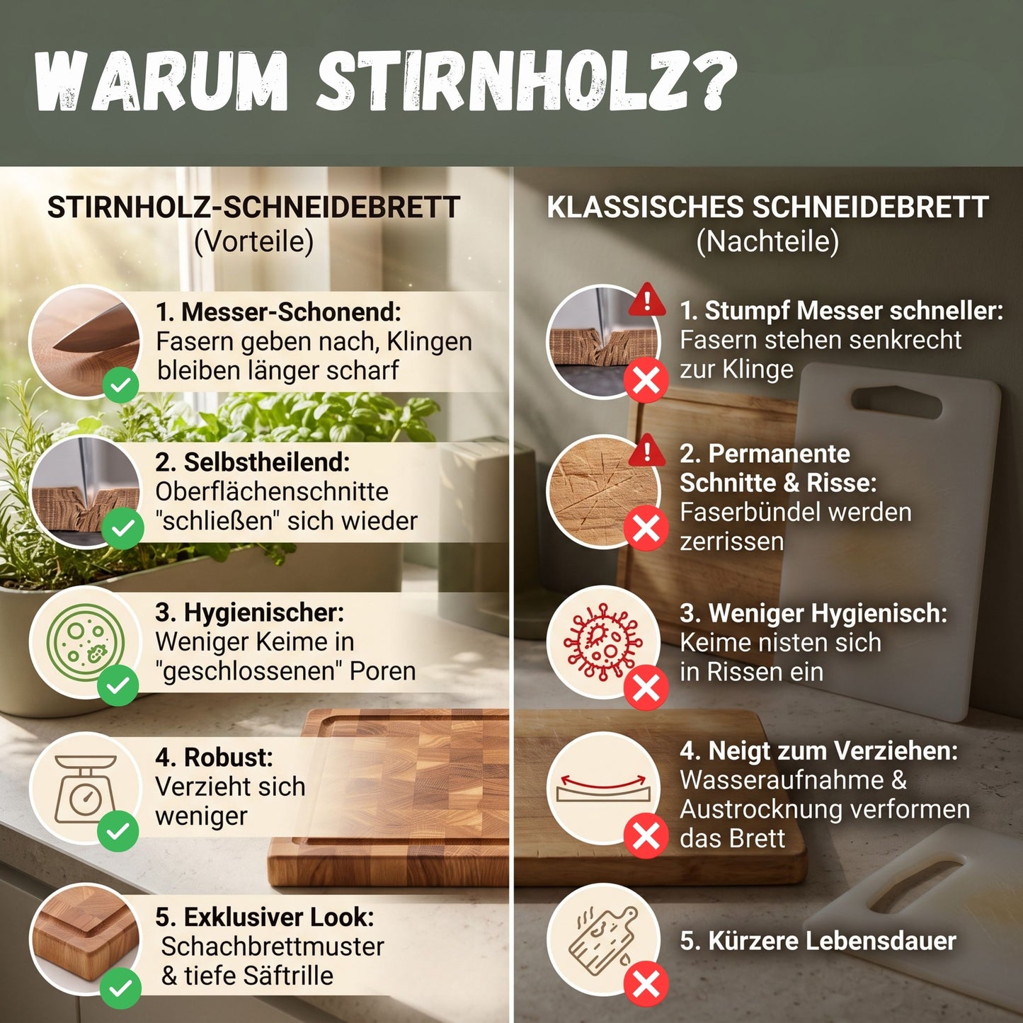 Astrein Stirnholz-Schneidebrett aus Eiche massiv, 40 x 30 x 3,6 cm