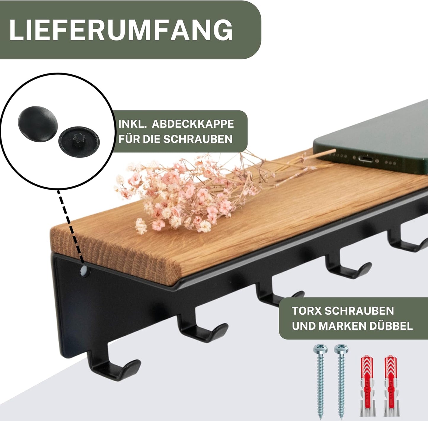 Schlüsselbrett mit 6 Haken aus Holz
