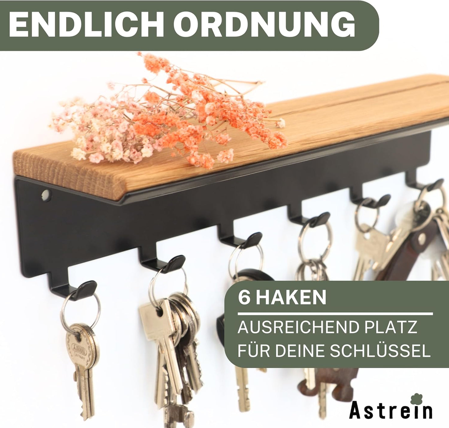 Schlüsselbrett mit 6 Haken aus Holz