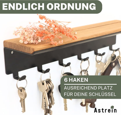 Schlüsselbrett mit 6 Haken aus Holz